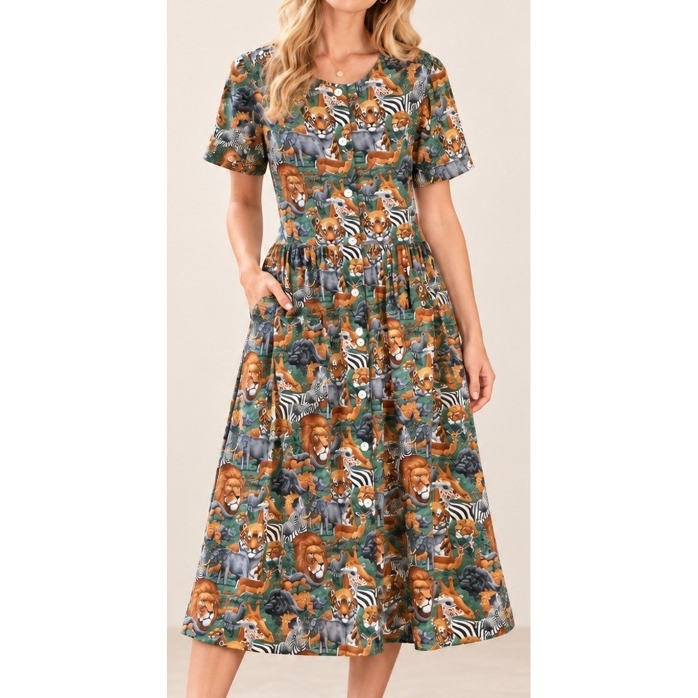 Handmade Safari Animal Print Button Front Midi Dress Large Novelty Pockets Zoo